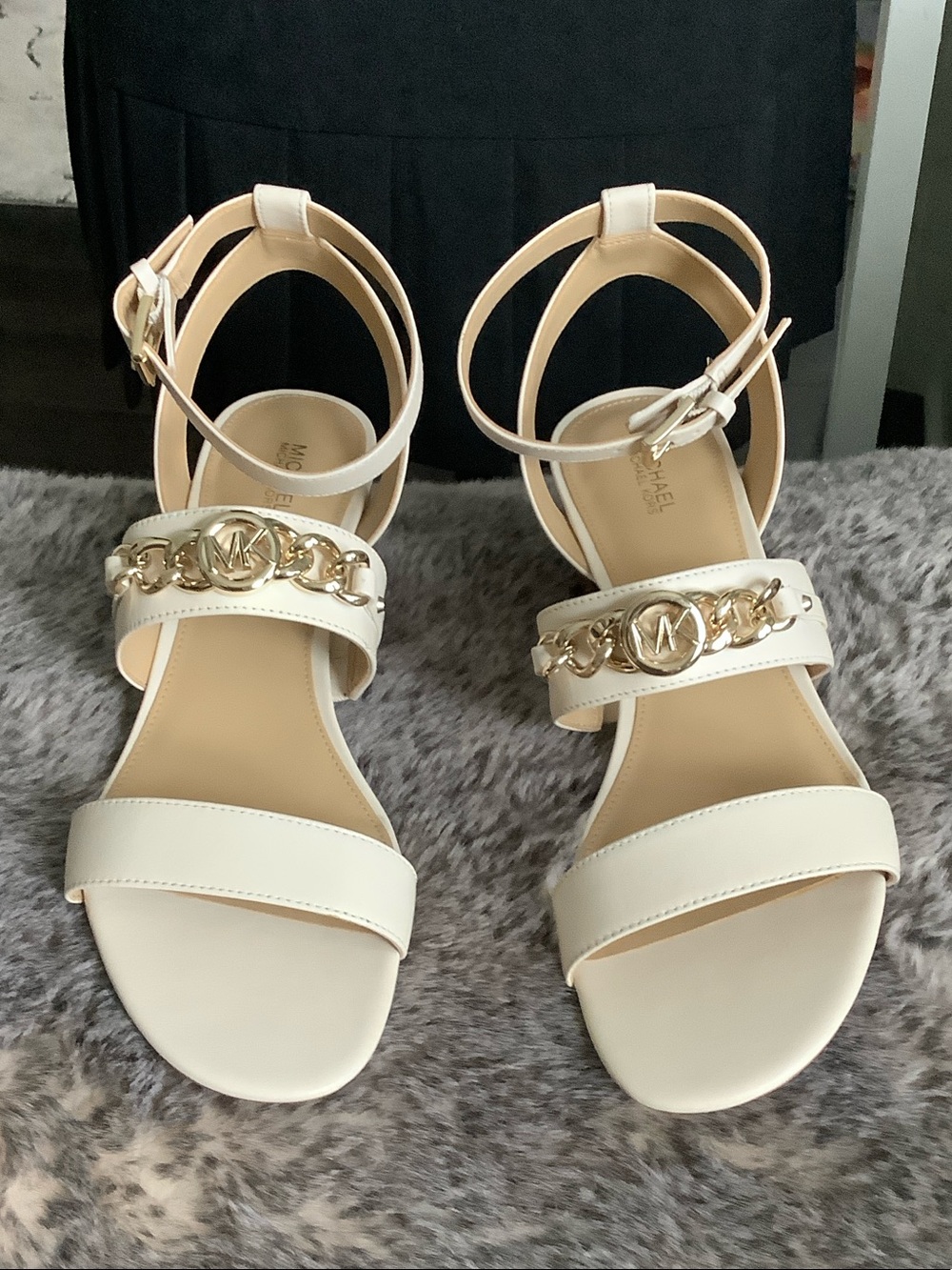 Michael Kors Roxane Flex Mid Cream Leather Ankle-Strap Sandals with Gold Chain